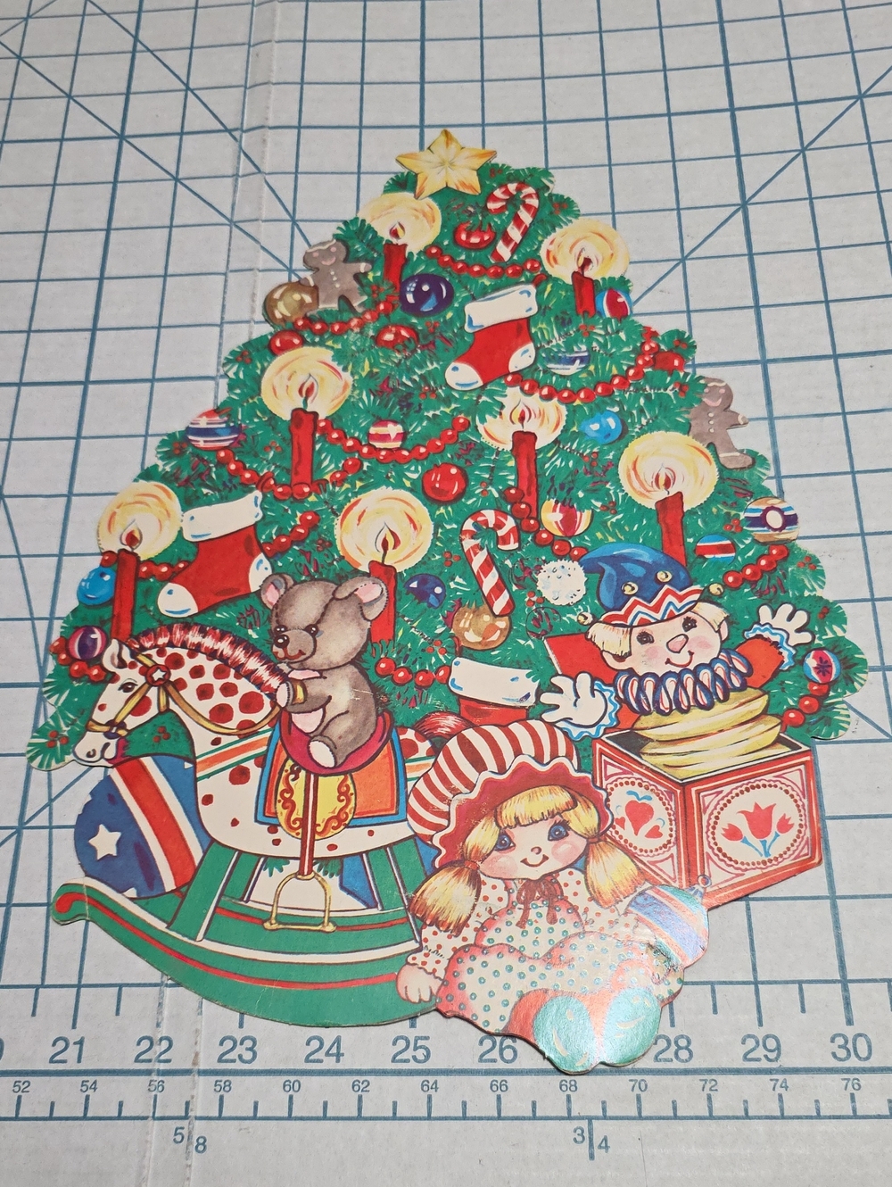 Vintage Style Green Christmas Tree Wall with Toys Die Cut Unbranded 11"x15